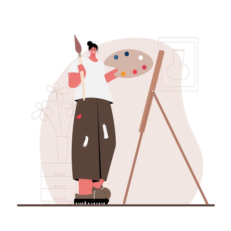 A beautiful smiling artist woman stands at an easel with a large brush and a palette in her hands. Flat creative vector illustration