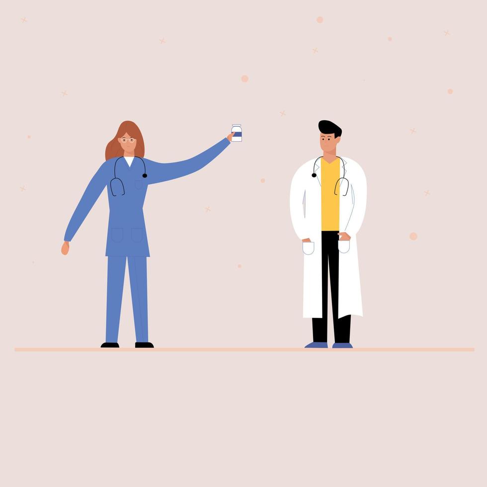 Woman and man in medicine. Nurse and Doctor. The medical staff holds a pill in their hands. Banner for the site. Illustration or poster. Tablets. White robe and uniform. vector