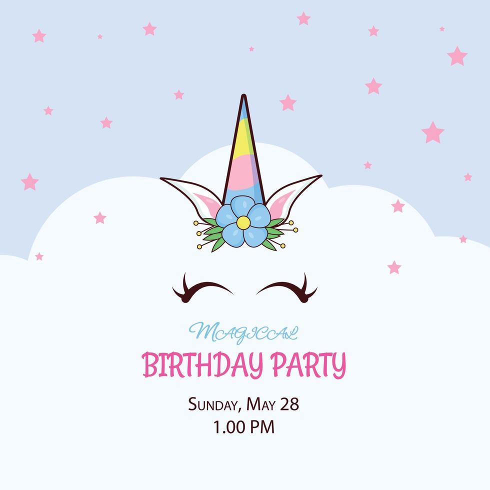 invitación de unicornio para una fiesta de cumpleaños mágica con una nube de fondo vector