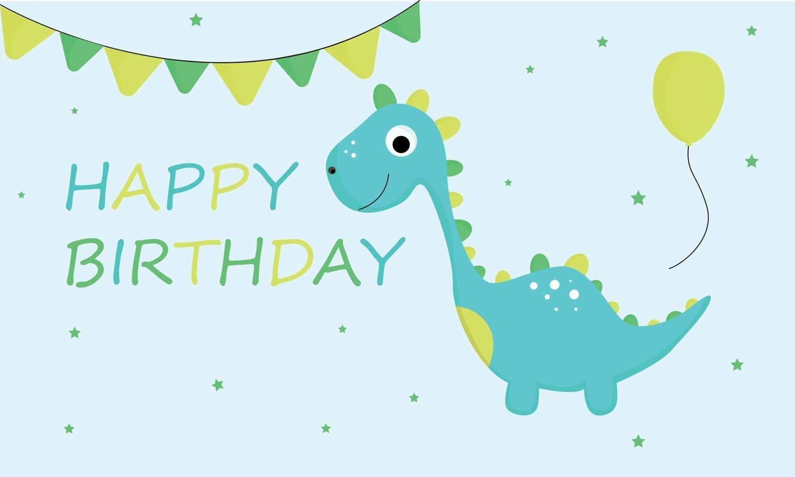 tarjeta de cumpleaños de dinosaurio para un niño. dinosaurio con un globo en verde. vector