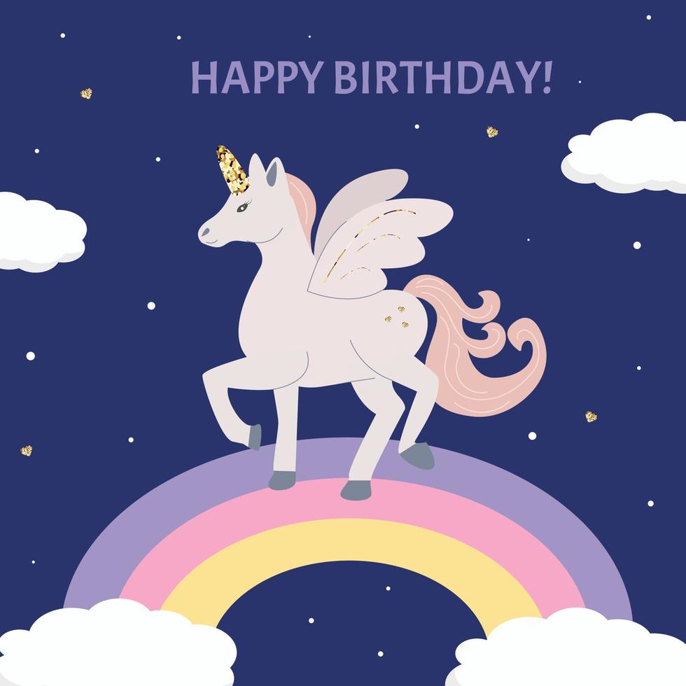 Unicornio de tarjeta de cumpleaños sobre fondo oscuro con nubes vector