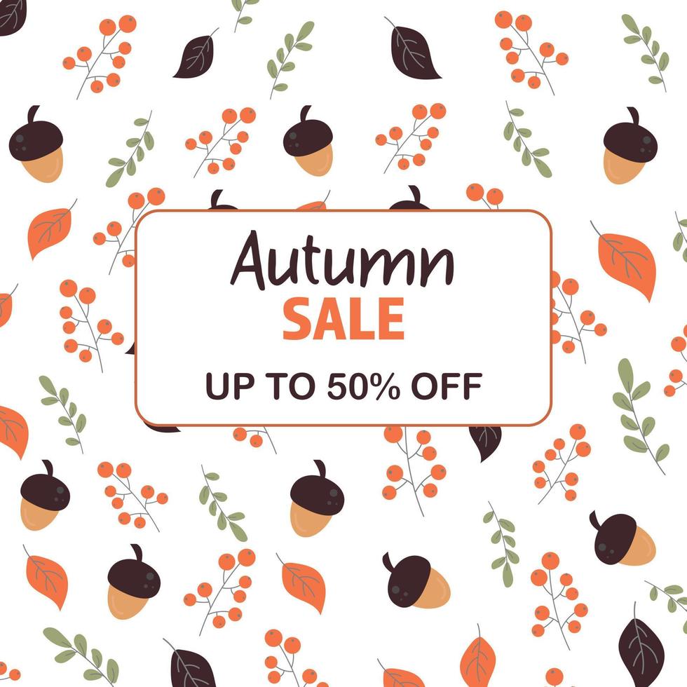 Sale, discounts autumn in beige. Acorn, leaves, rowan. vector