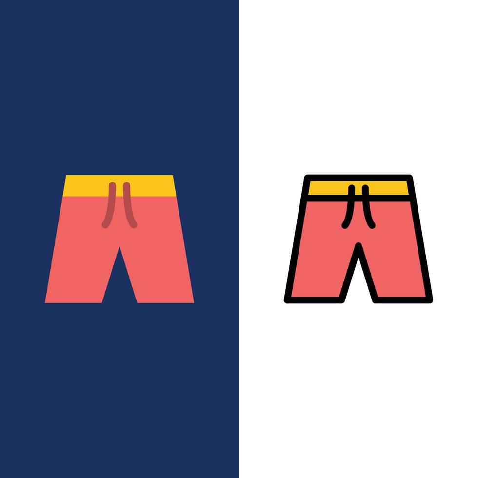 ropa de playa pantalones cortos iconos planos y llenos de línea conjunto de iconos vector fondo azul