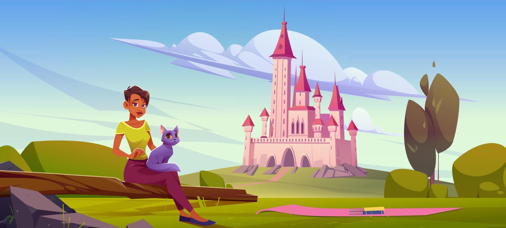 Summer landscape with girl on picnic and castle vector