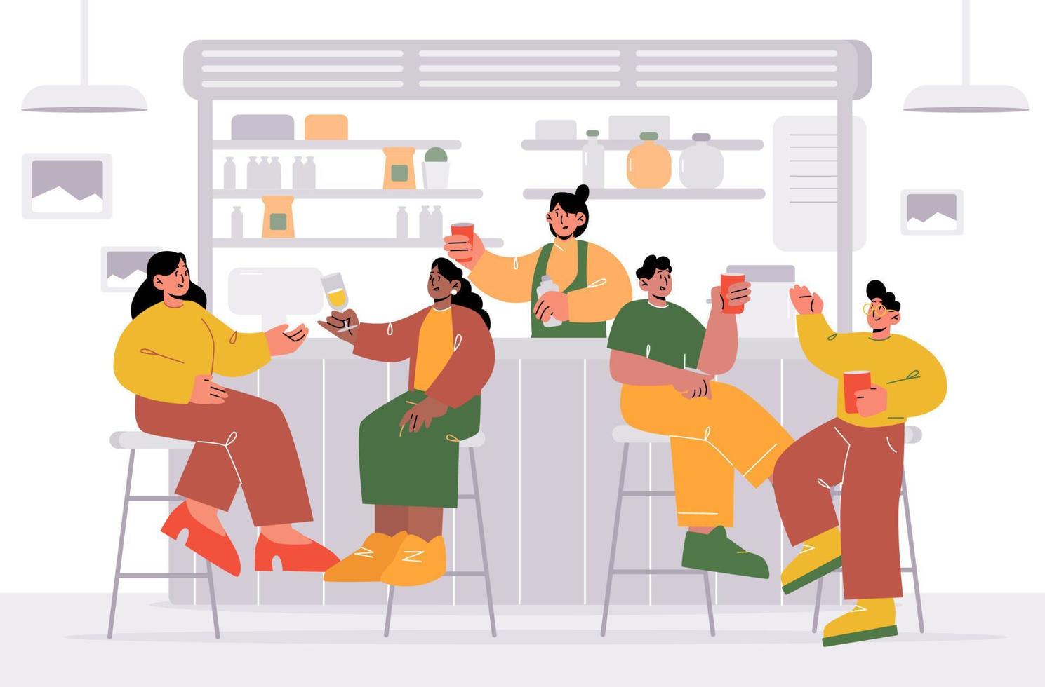Diverse people sitting on stools in bar or pub vector