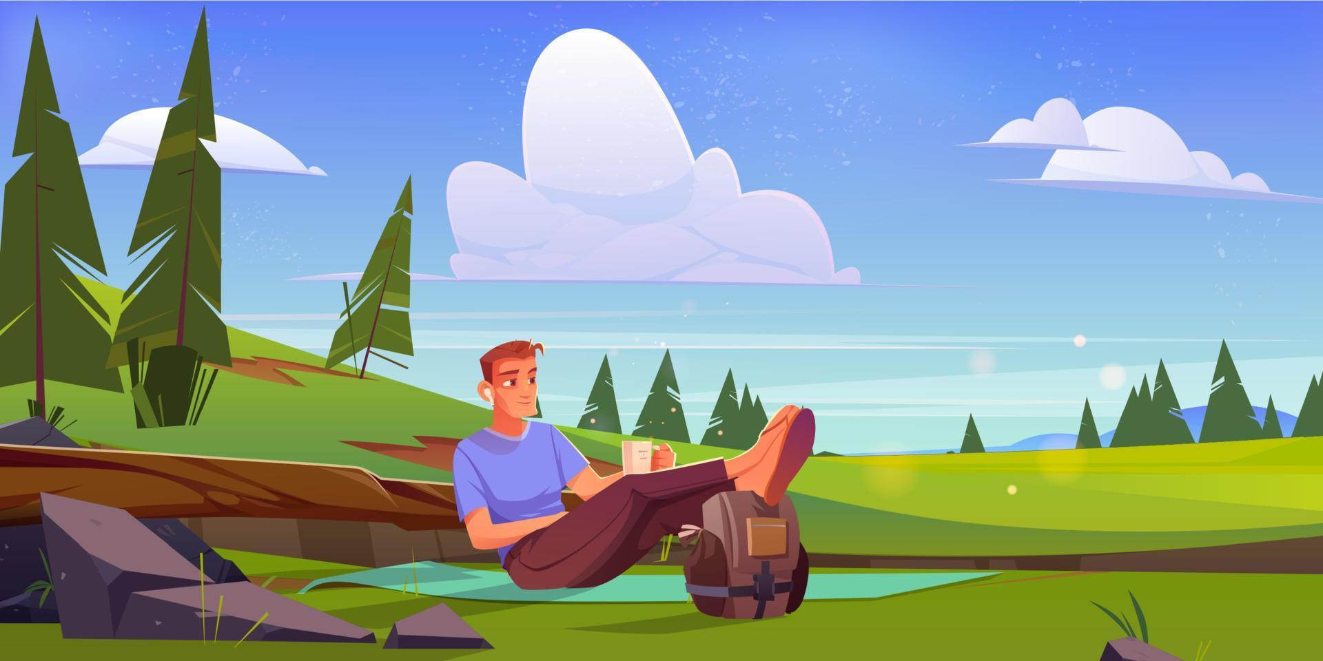 Man relax sitting on mat on green meadow vector