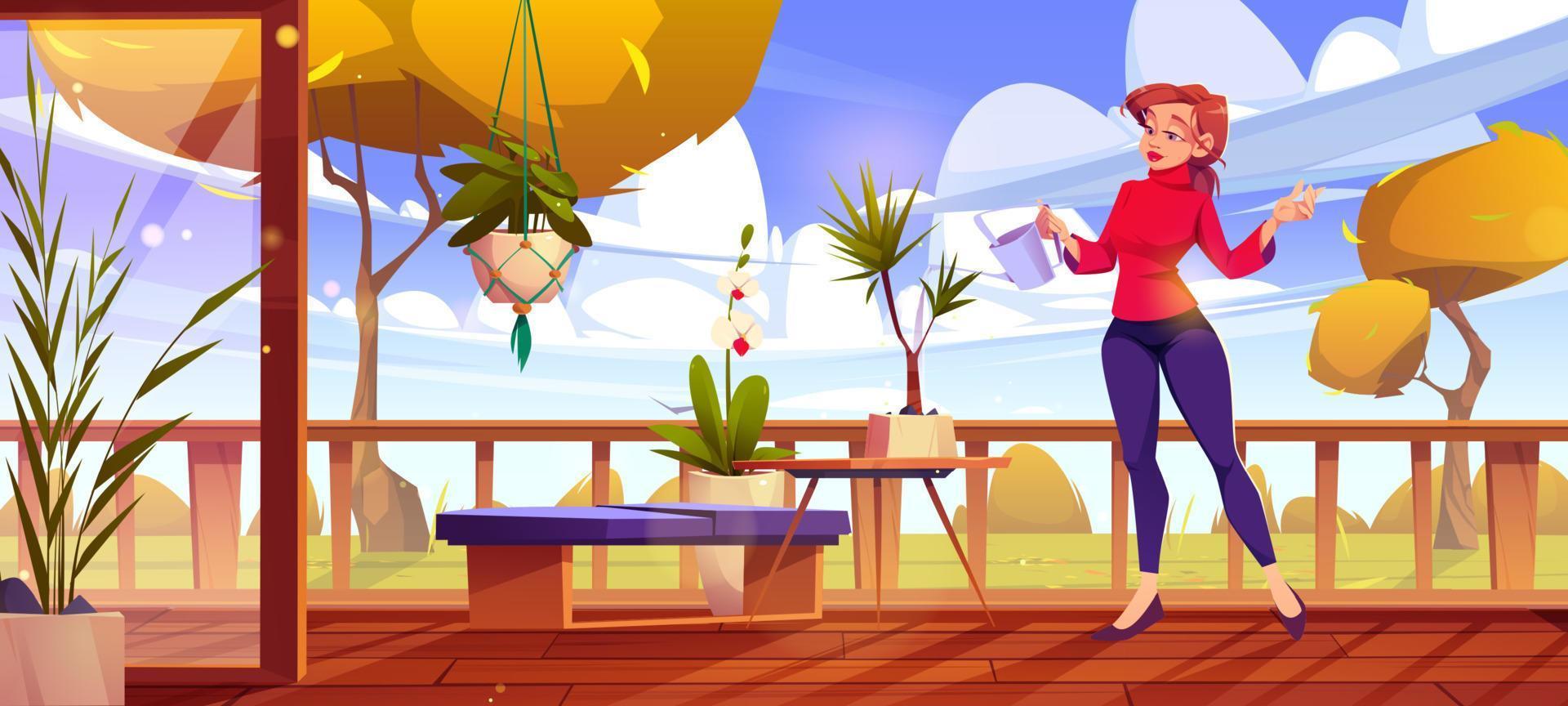 Woman waters plants on house terrace in autumn vector