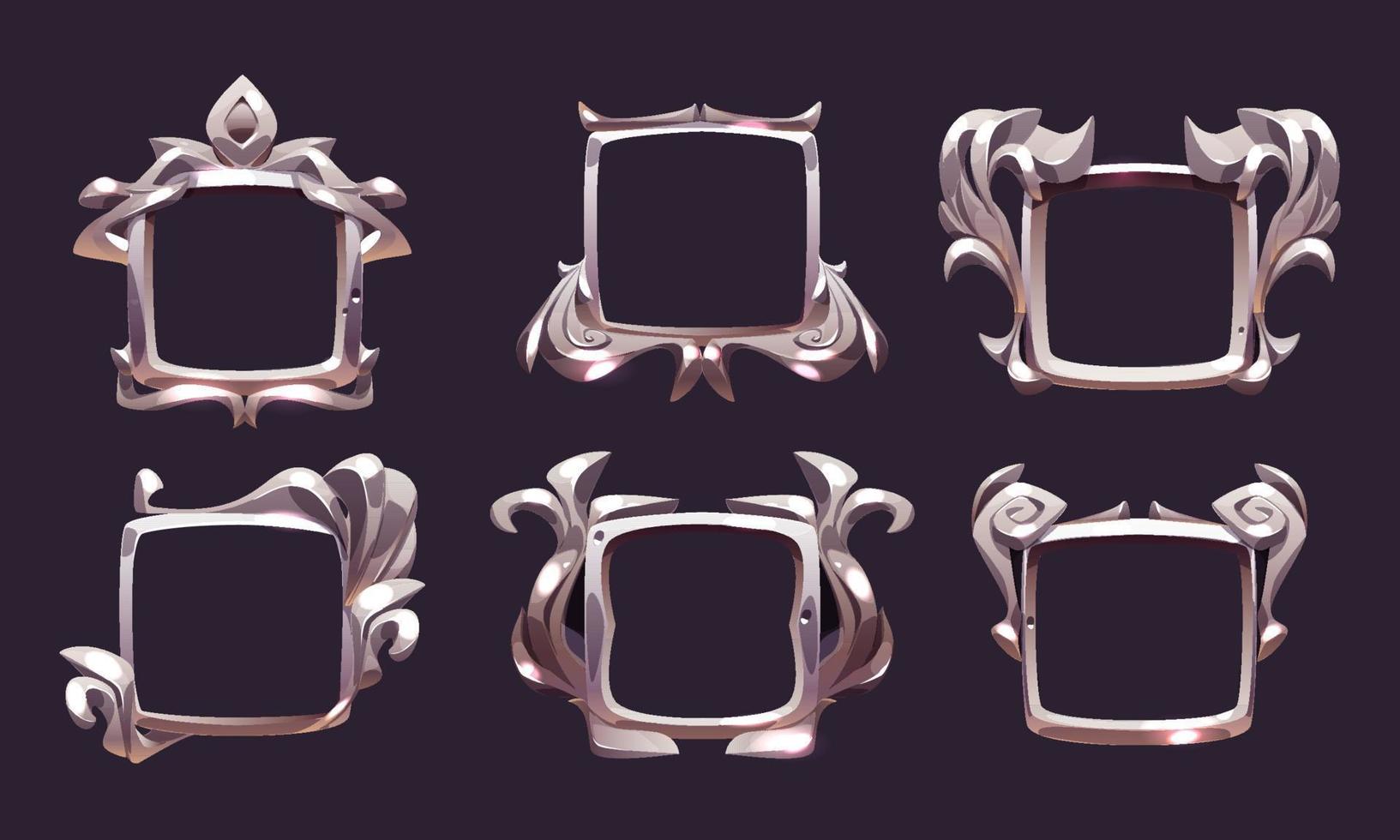 Square ui game frames, medieval silver borders vector