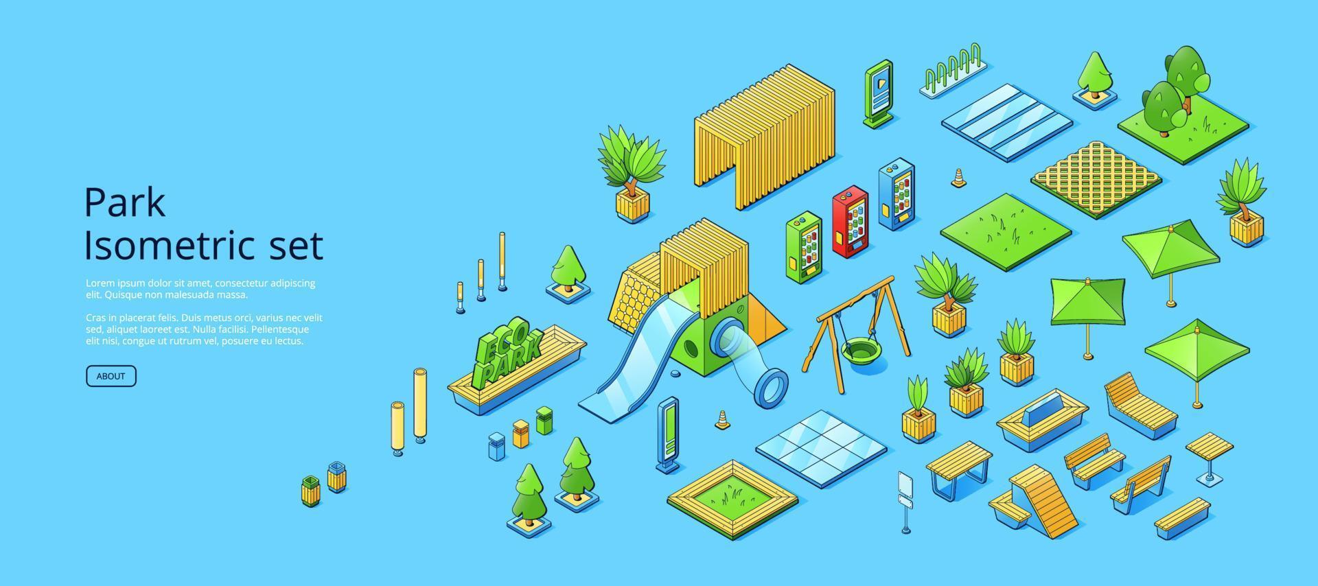 Park isometric set with green trees, bench, swing vector