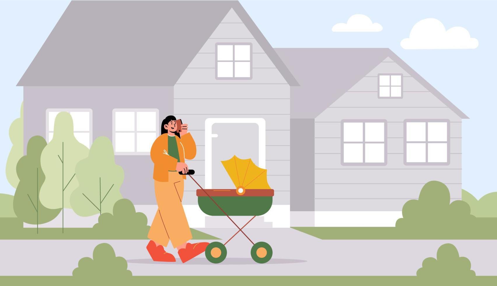 Woman walk with baby carriage vector