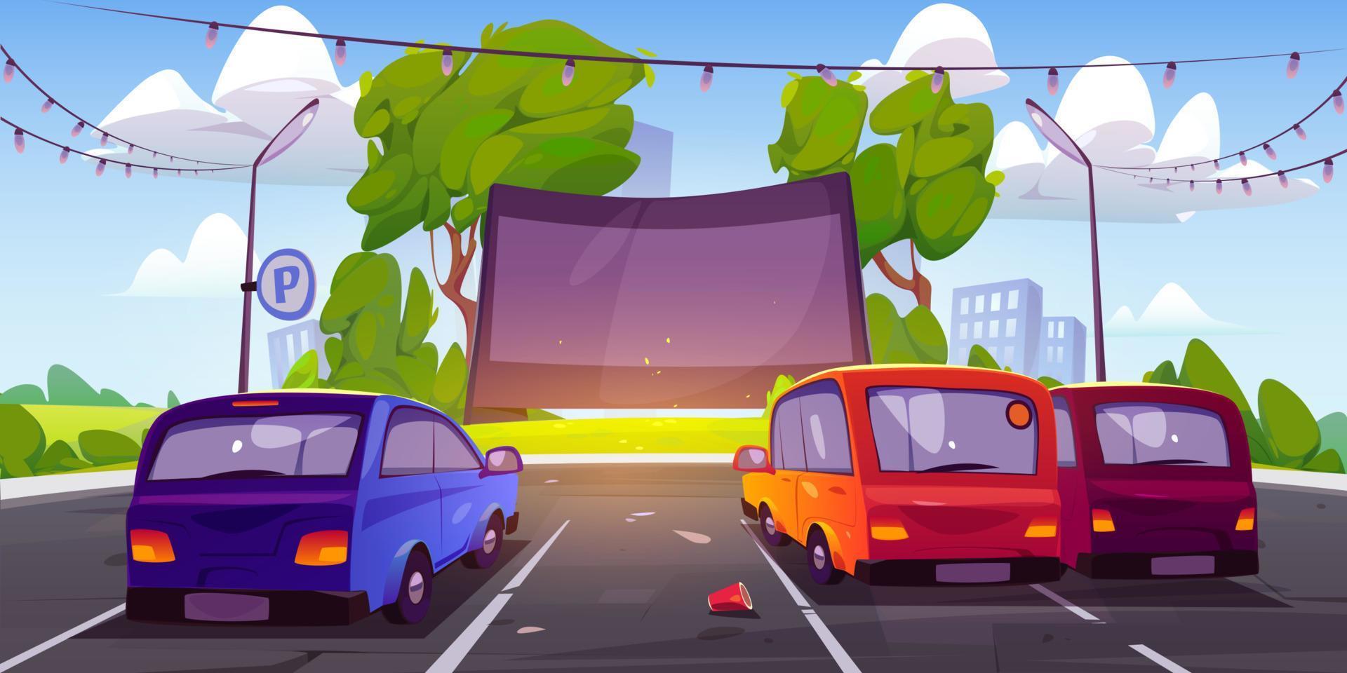 Drive-in movie theater with cars on parking vector