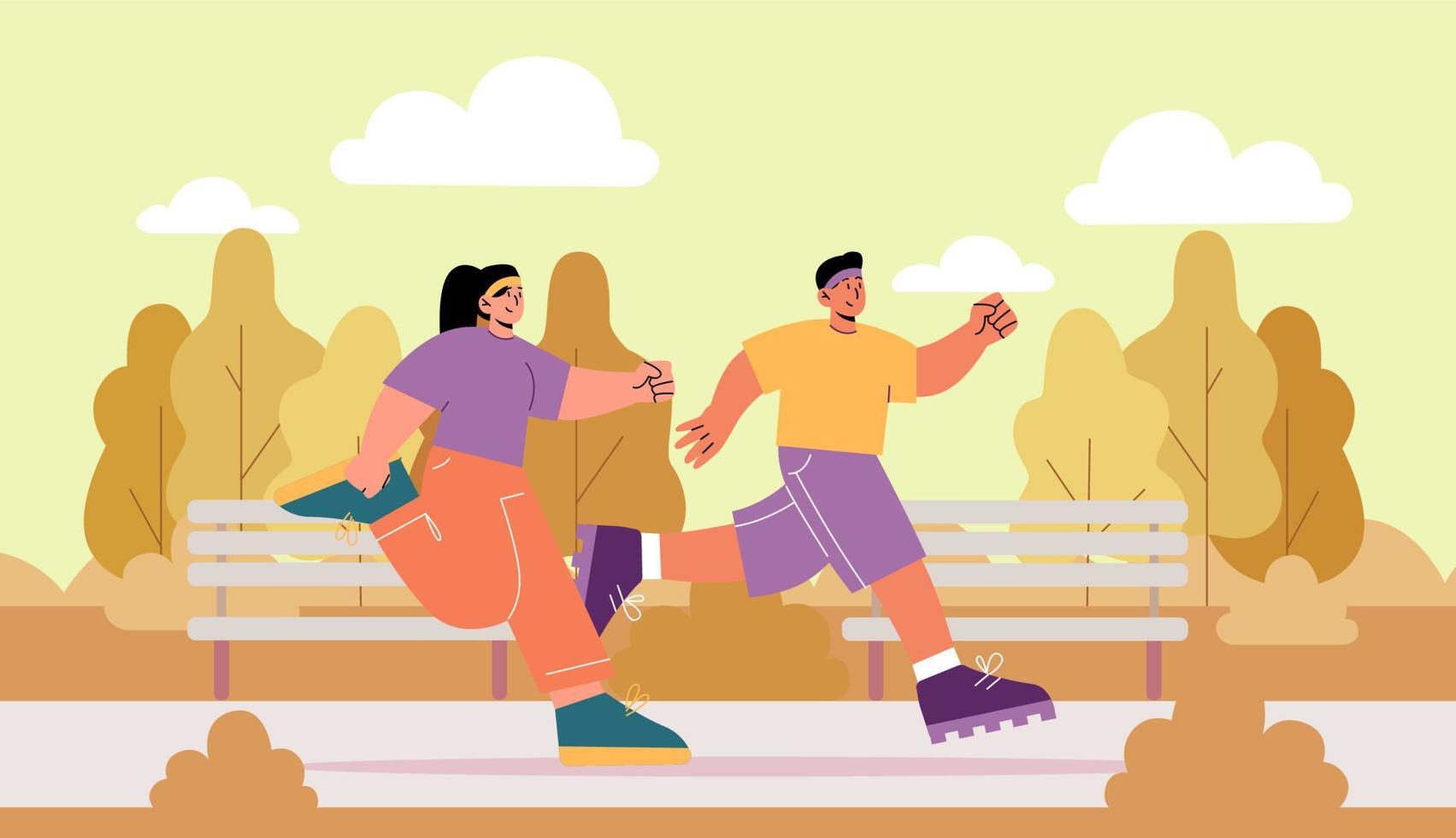 Man and woman run in autumn park vector