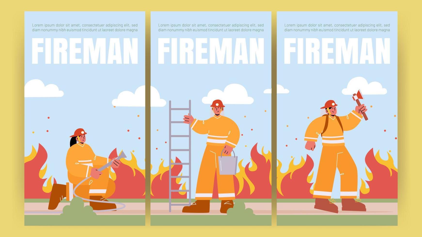 Fireman poster with fire brigade with extinguisher vector