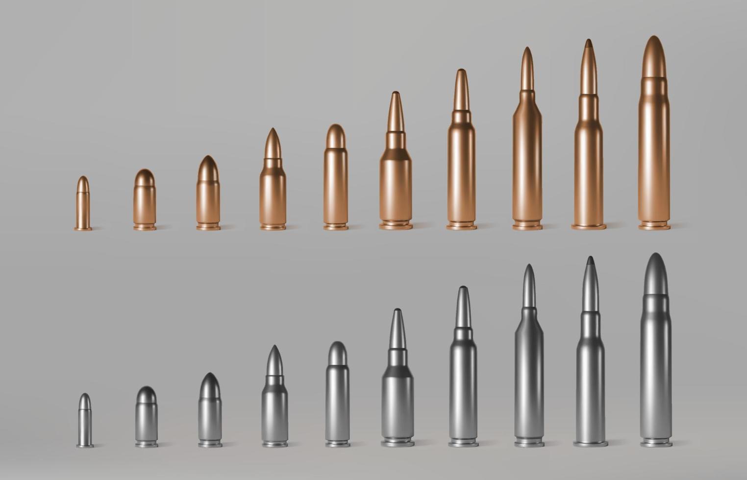 Bullets of different calibers stand in row. vector