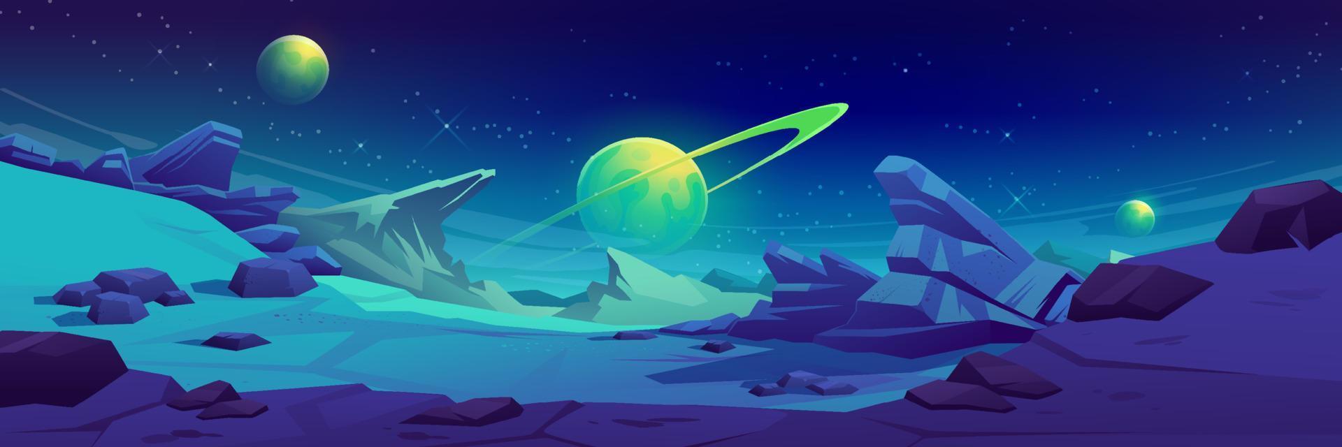 Night mars surface, alien planet landscape vector