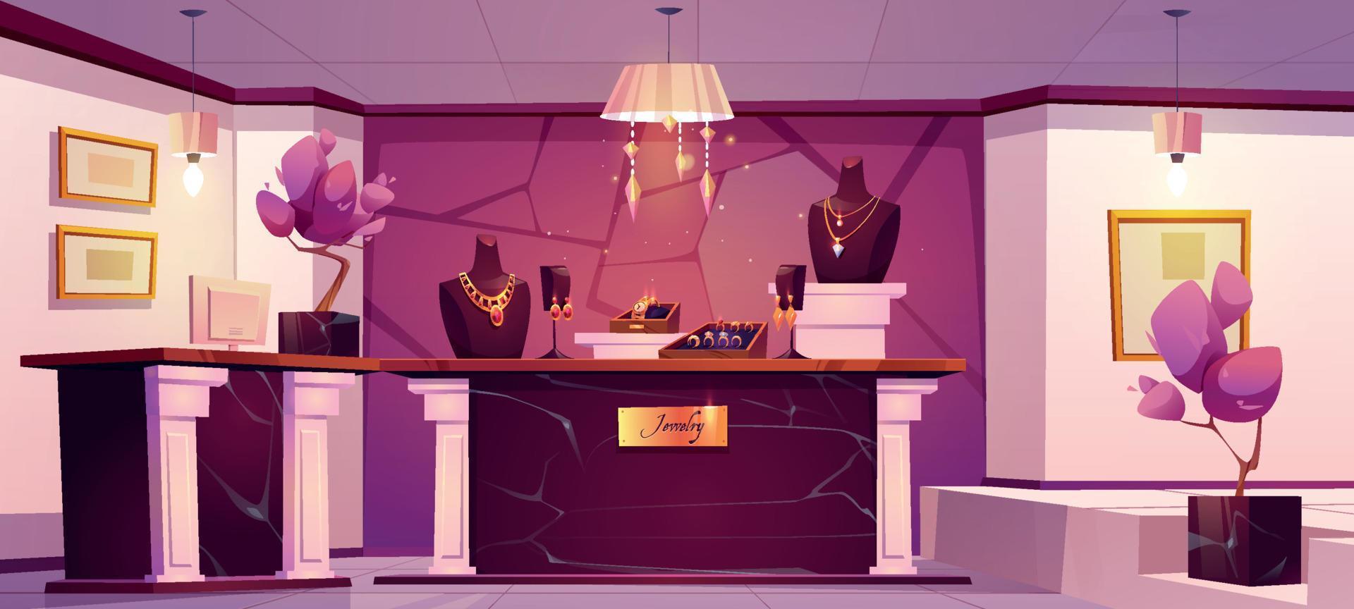 Jewelry shop interior with gold necklaces vector