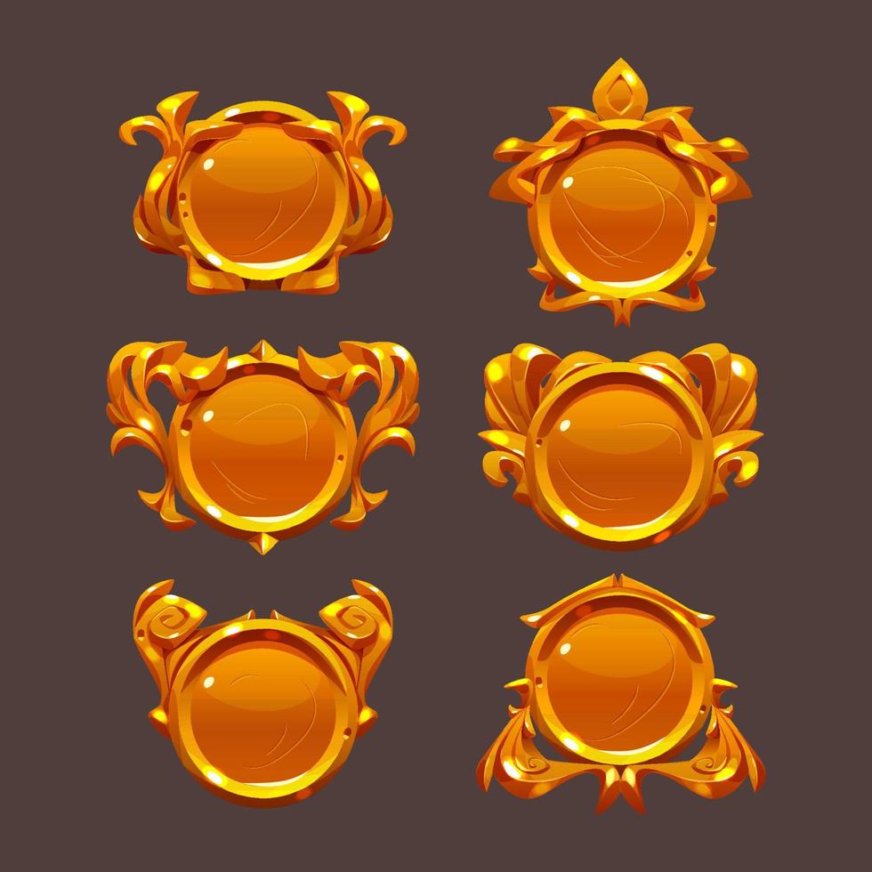 Golden game buttons, achievement badges vector