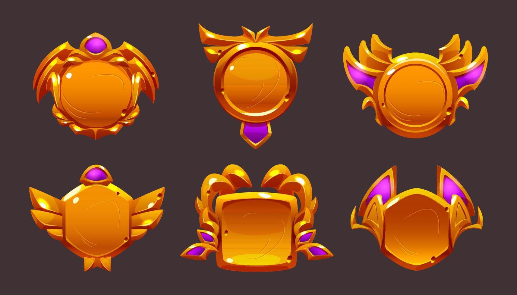 Golden game award badges, level ui icons, frames vector