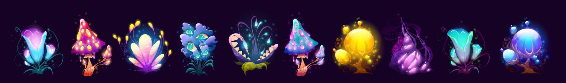 Fantasy mushrooms, flowers and trees, alien flora vector