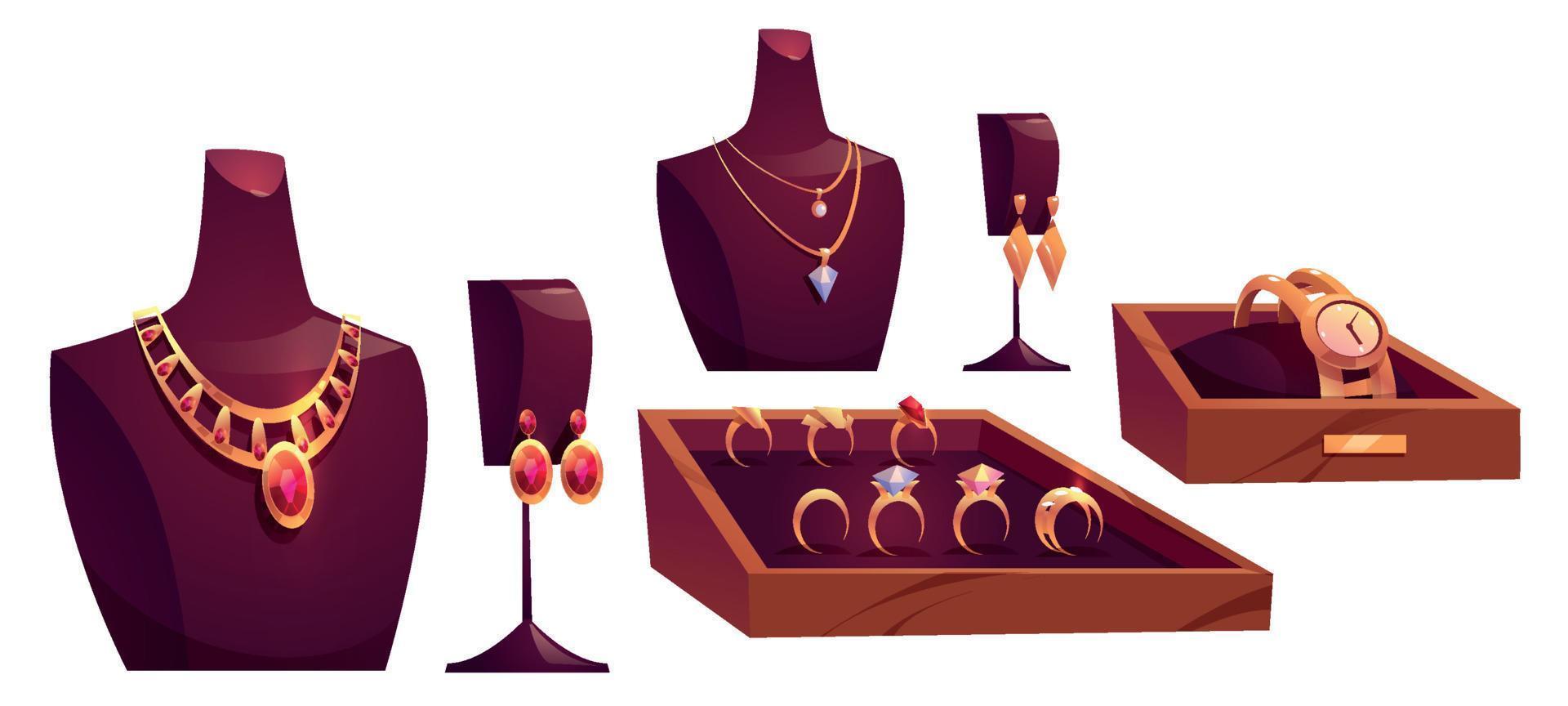 Cartoon jewelry, gold pendants, watch and earrings vector