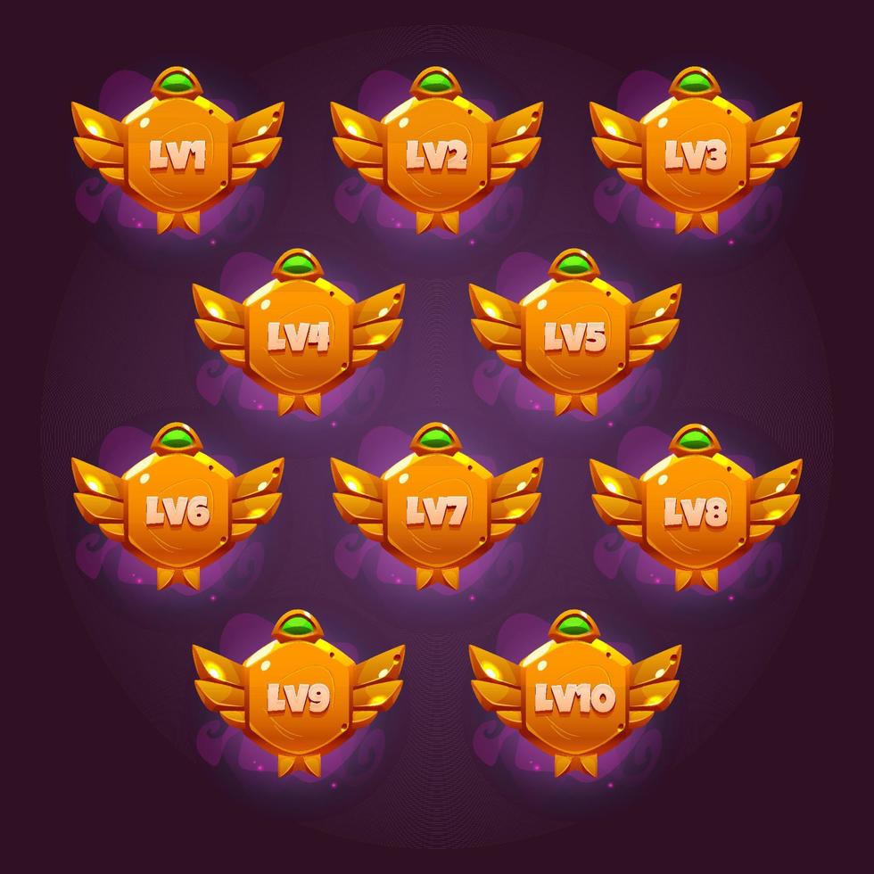 Set of game level ui icons, gold badges with wings vector