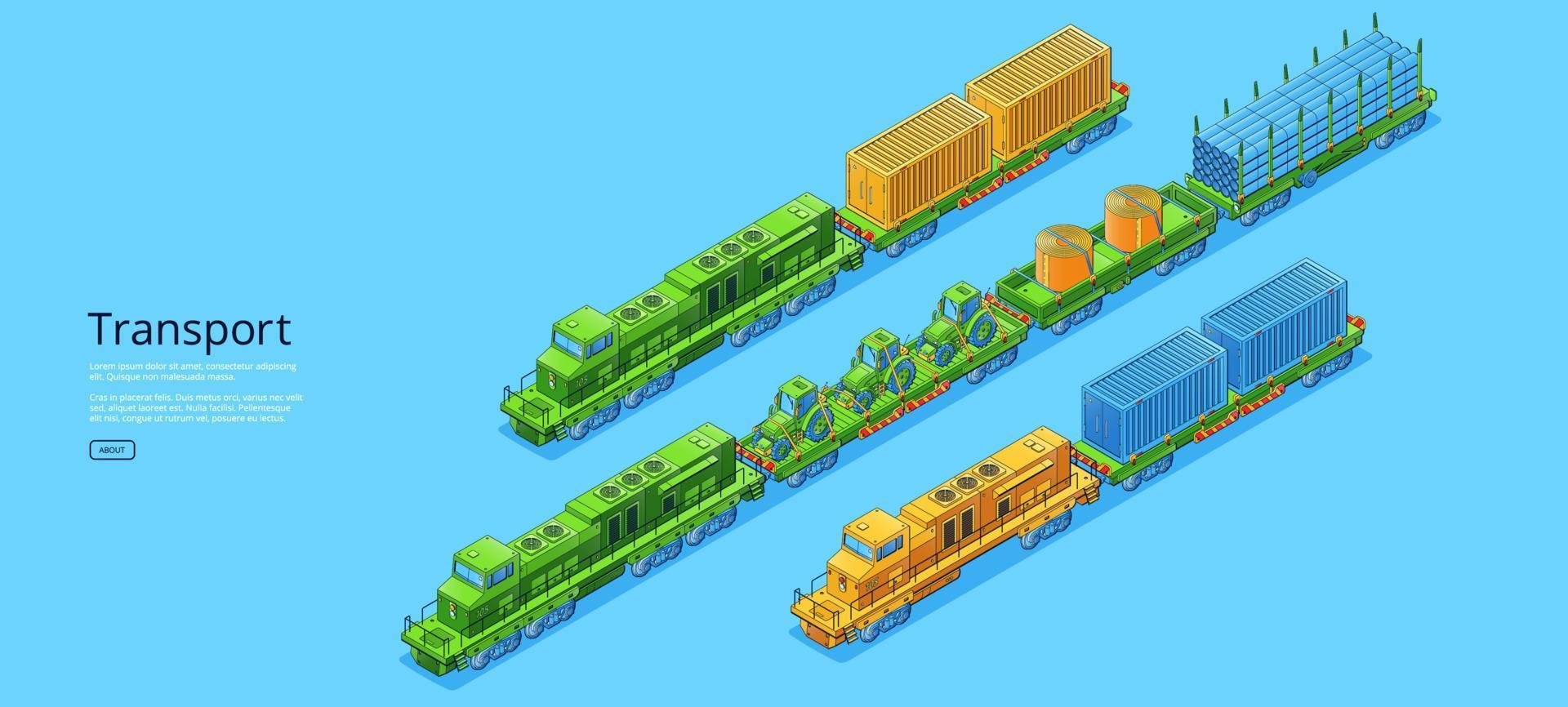 Transport isometric banner, cargo trains service vector