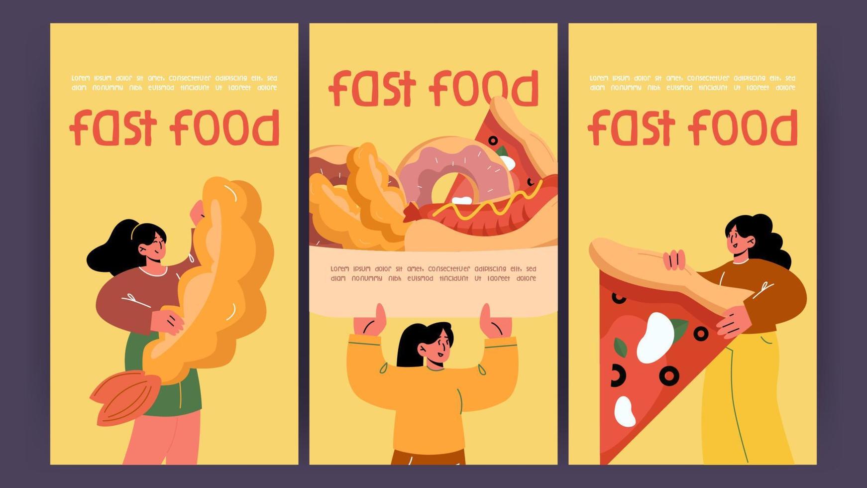 carteles de comida rápida con chica, hot dog, pizza, donut vector