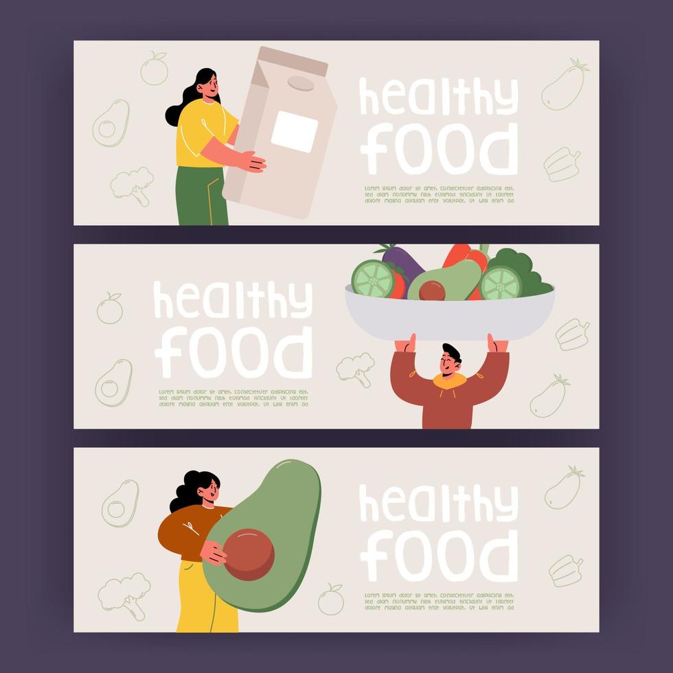 carteles de alimentos saludables con verduras y caja de leche vector