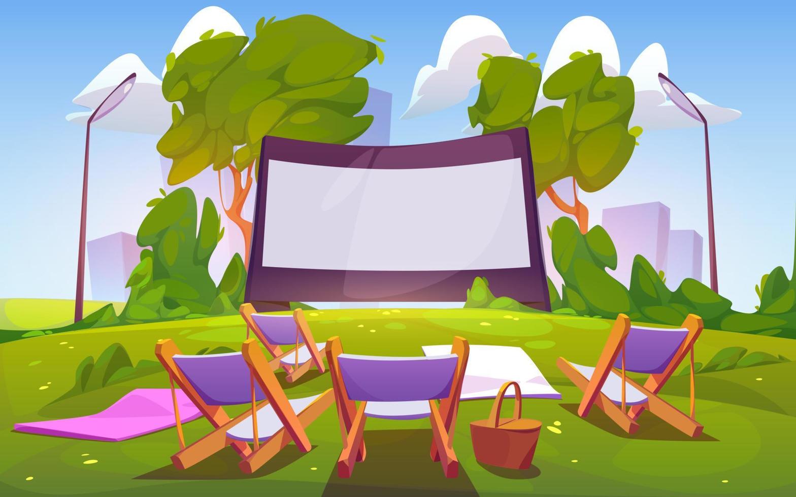 cine al aire libre en césped verde en el parque de la ciudad vector