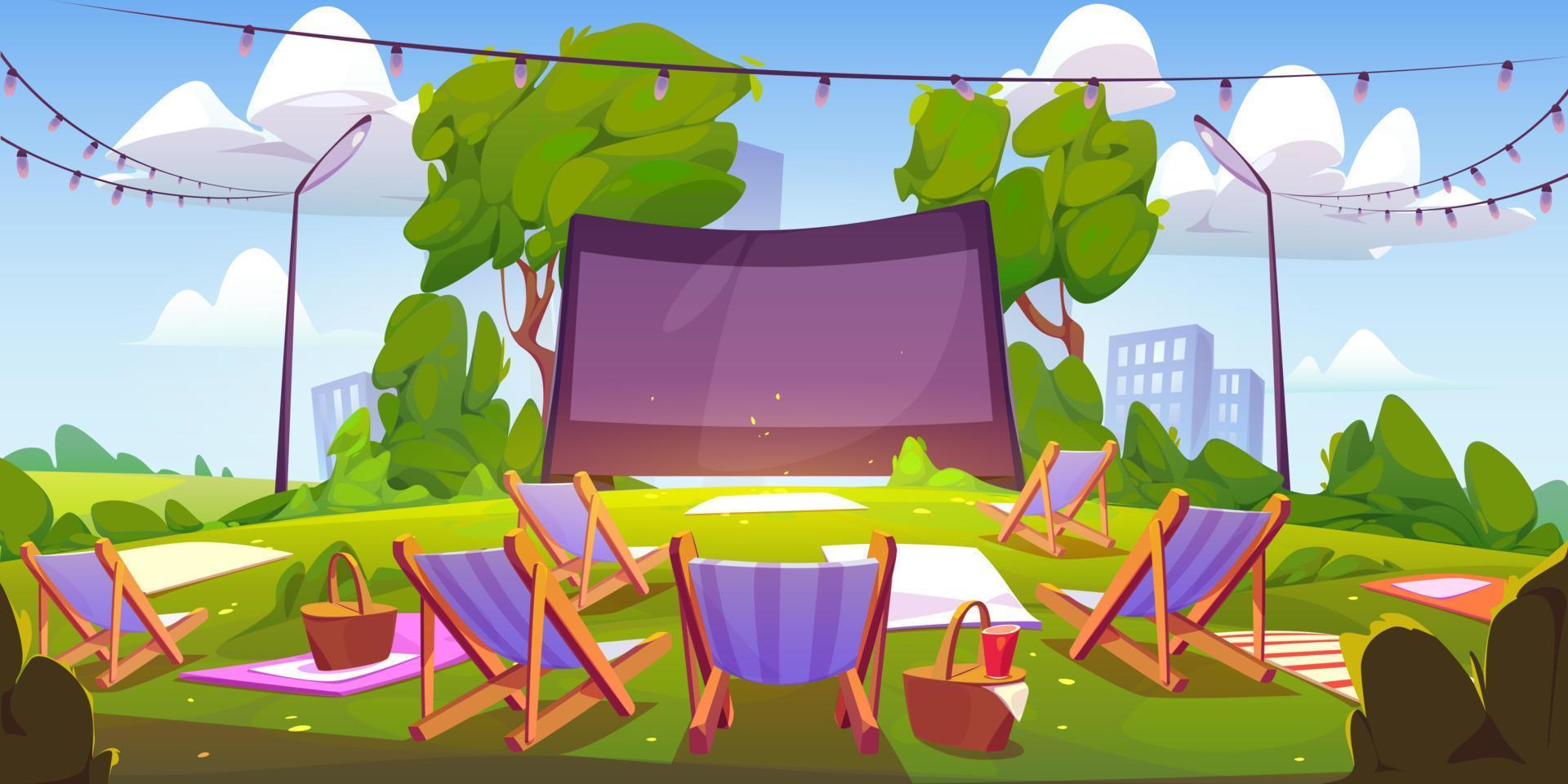 Open air cinema on green lawn in city park vector