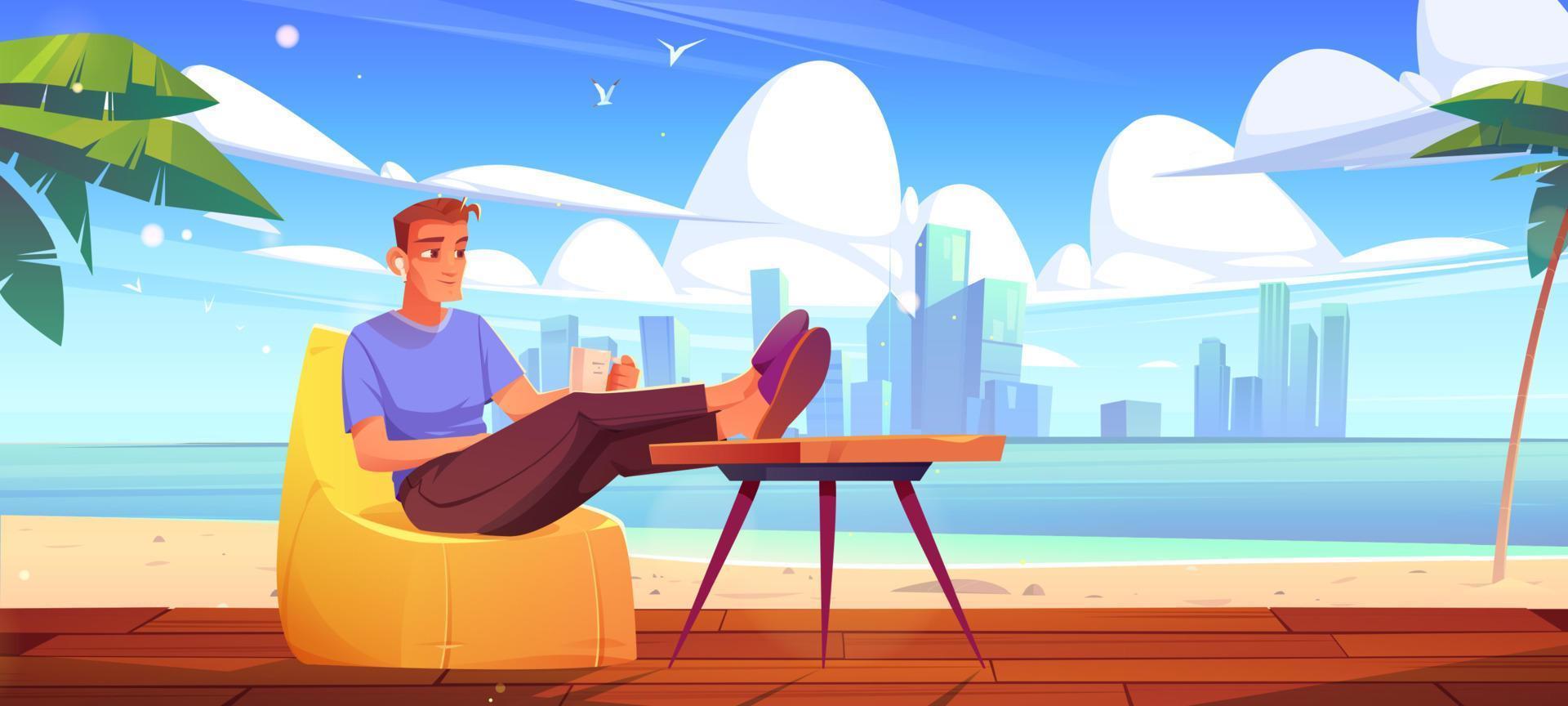 Man rest on wooden terrace on sea beach vector