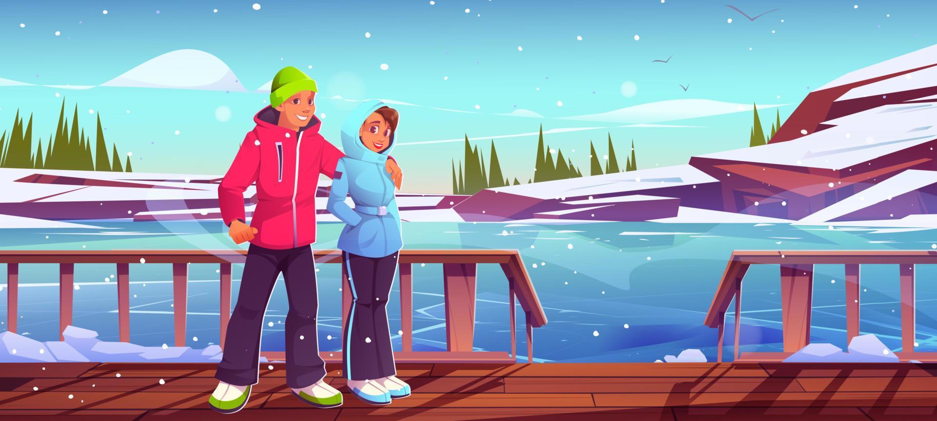 Happy couple on wooden terrace and ice rink vector