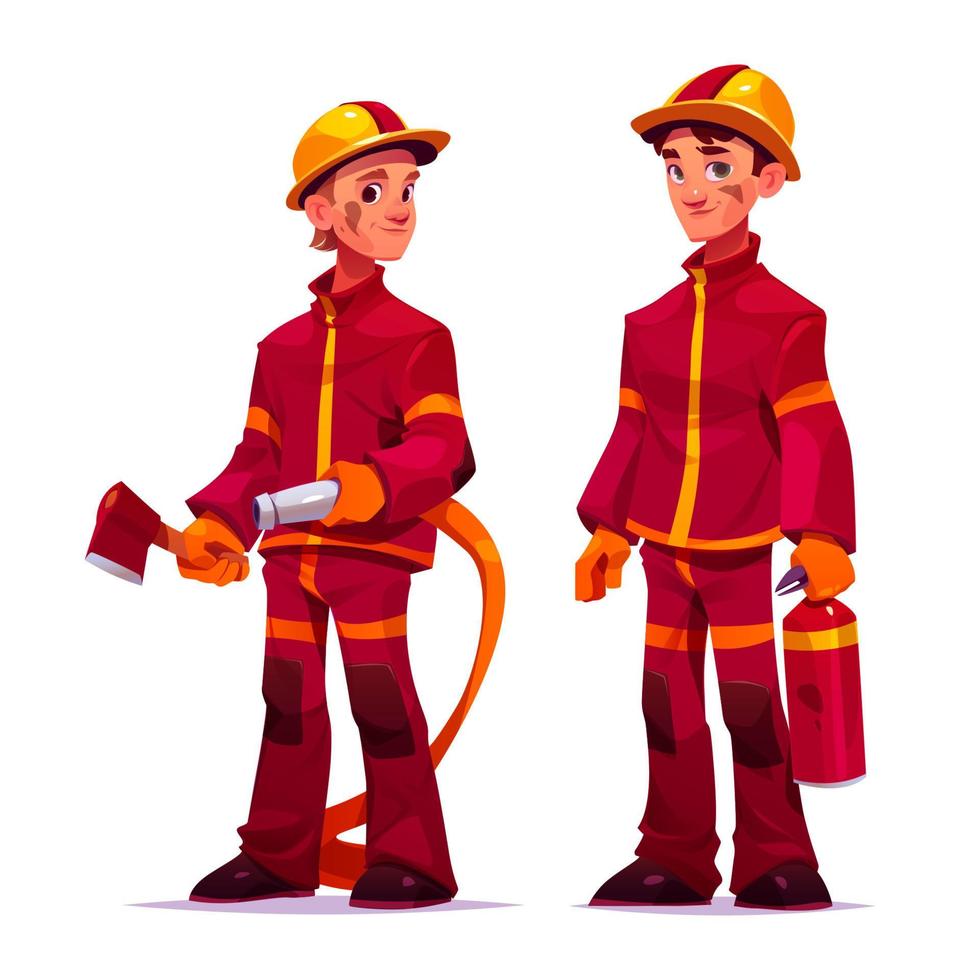 Firemen with extinguisher, water hose and ax vector