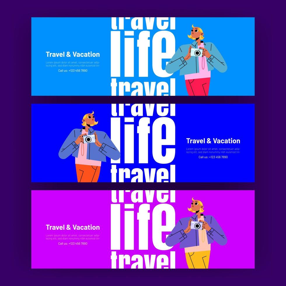 Travel and vacation posters with girl tourist vector