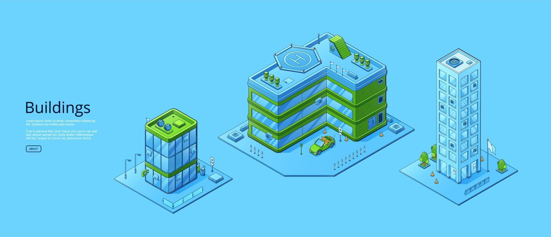 Poster with isometric modern city buildings vector