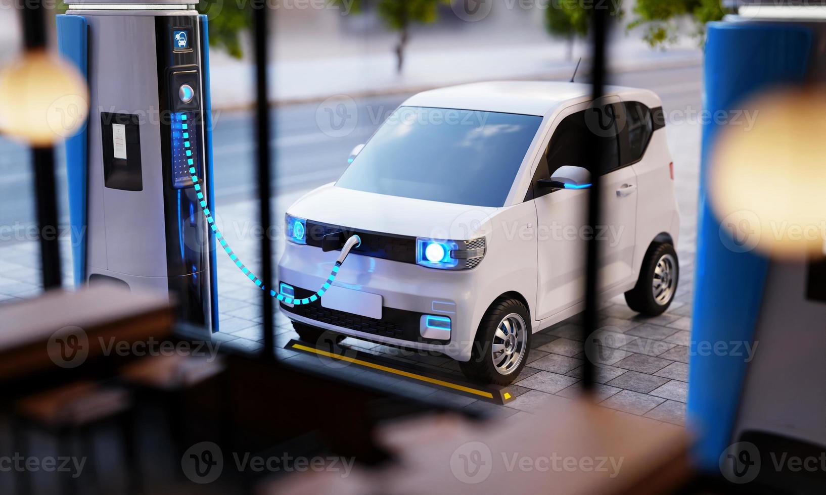 Blue EV charging station and electric vehicle in the city background with coffee shop foreground. Eco technology and Transportation concept. 3D illustration rendering photo