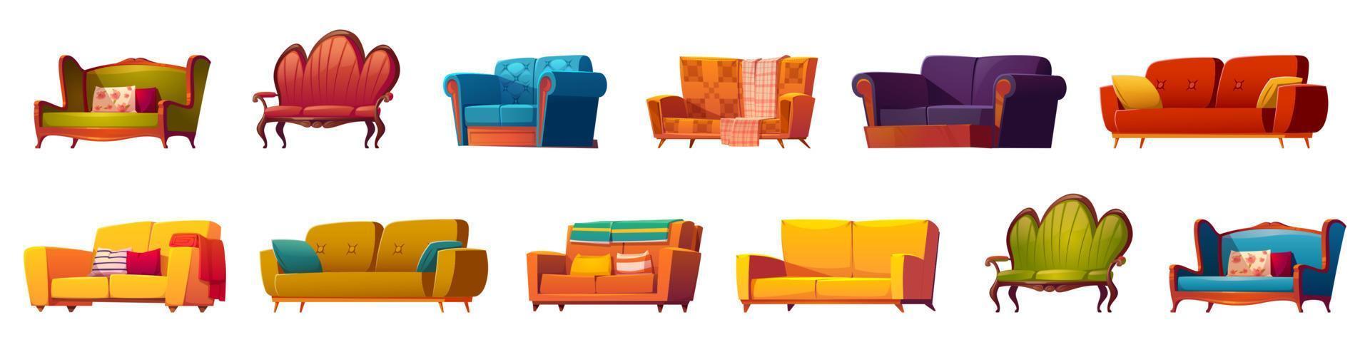 Cartoon couches and sofas furniture isolated set vector