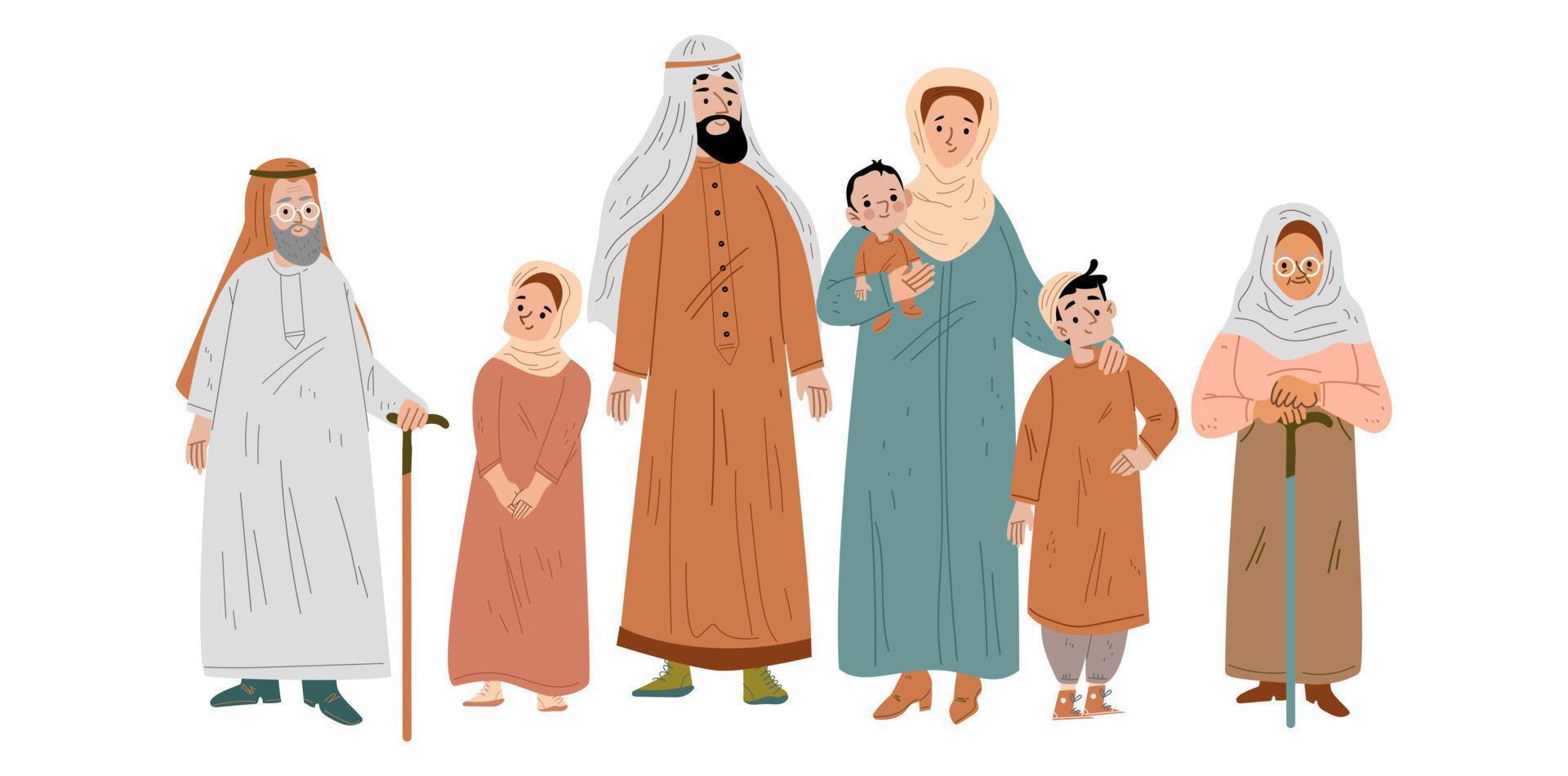 Arab family in traditional saudi clothes, people vector