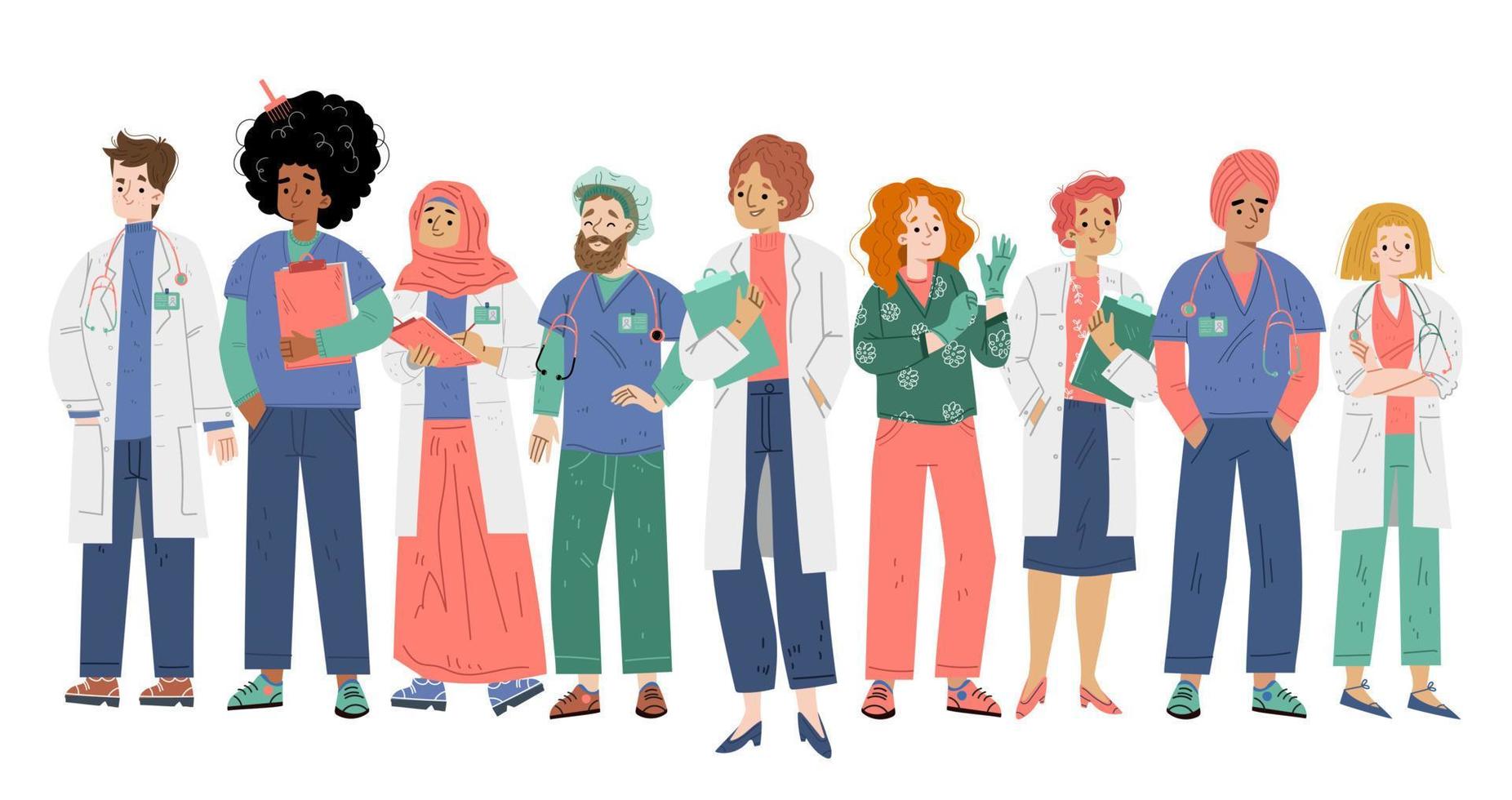 Doctors and nurses team, diverse medical staff vector