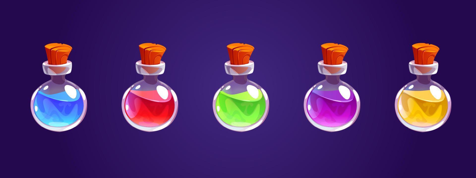 botellas de pociones mágicas, frascos de vidrio con elixir vector