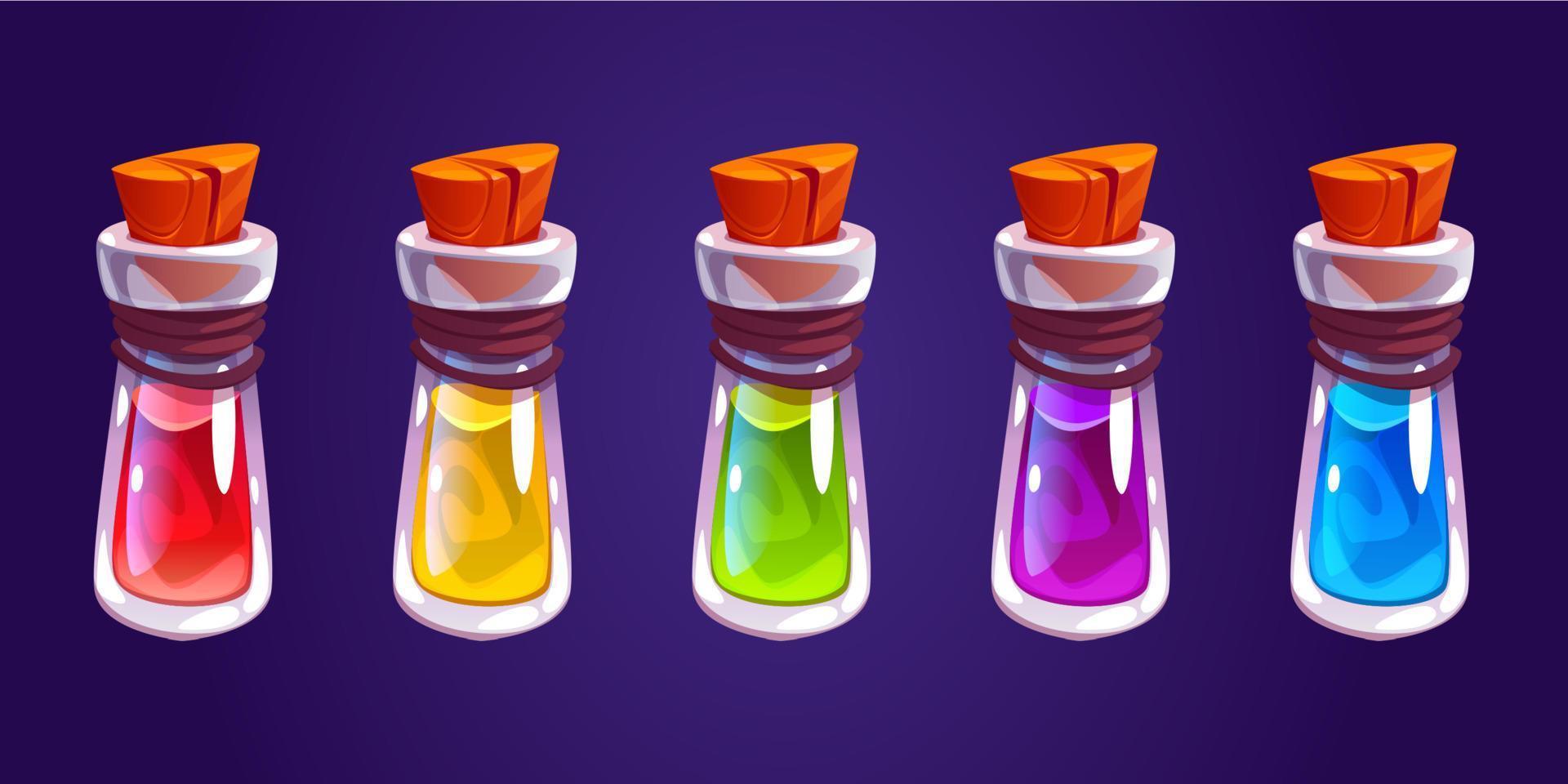 Magic elixir, cartoon flasks with glowing liquid vector