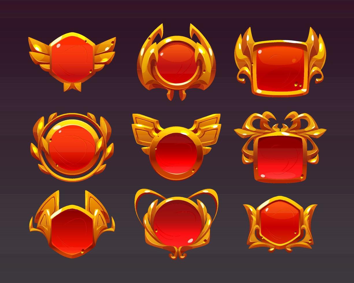 Game level golden ui icons, buttons, empty badges vector