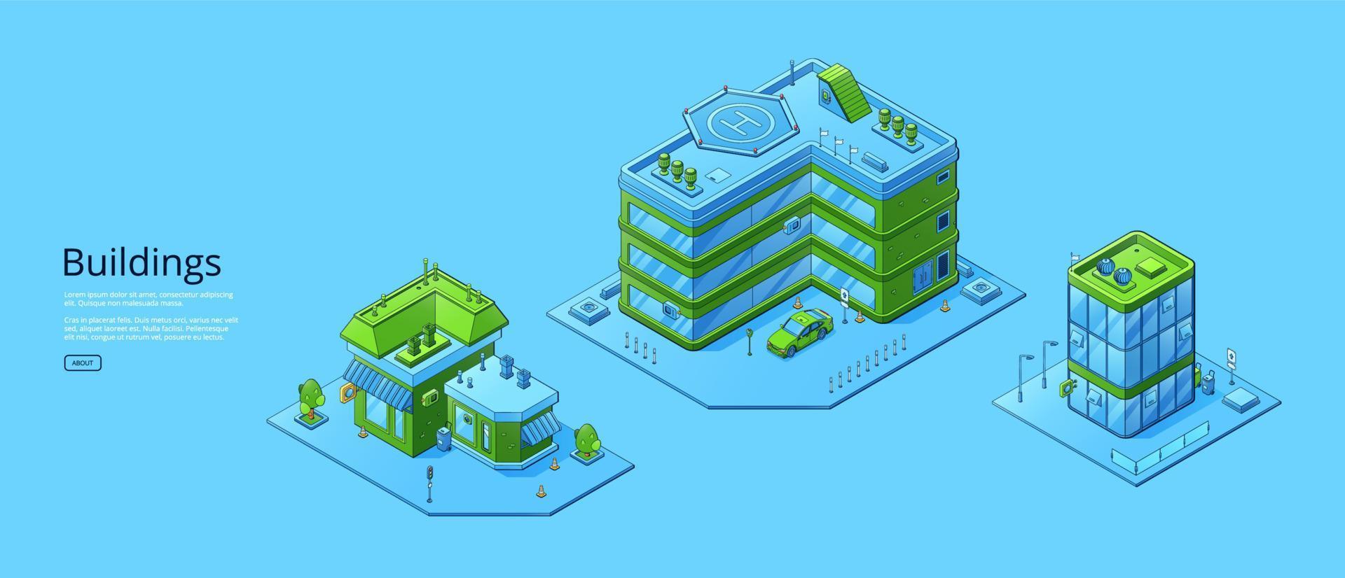 Poster with isometric modern city buildings vector