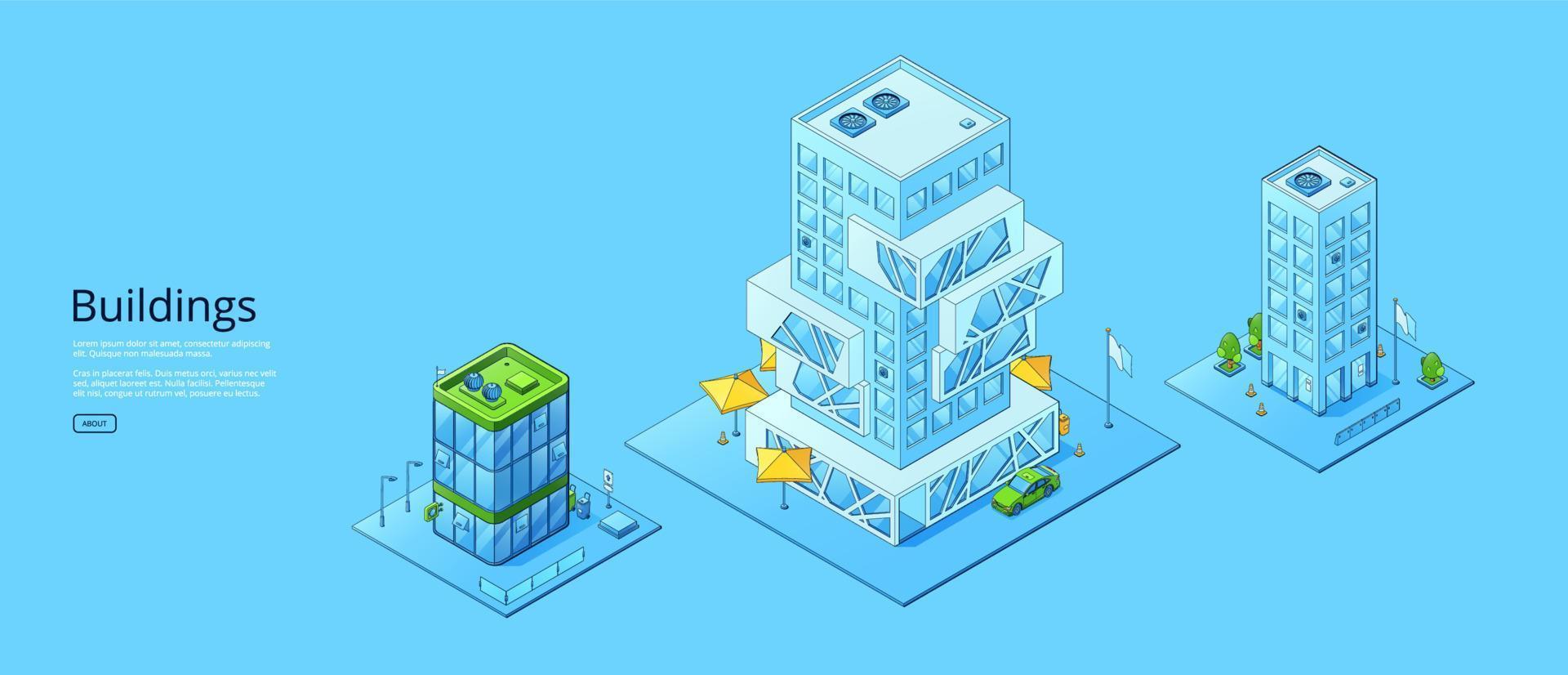 Buildings banner with isometric office, hotel vector