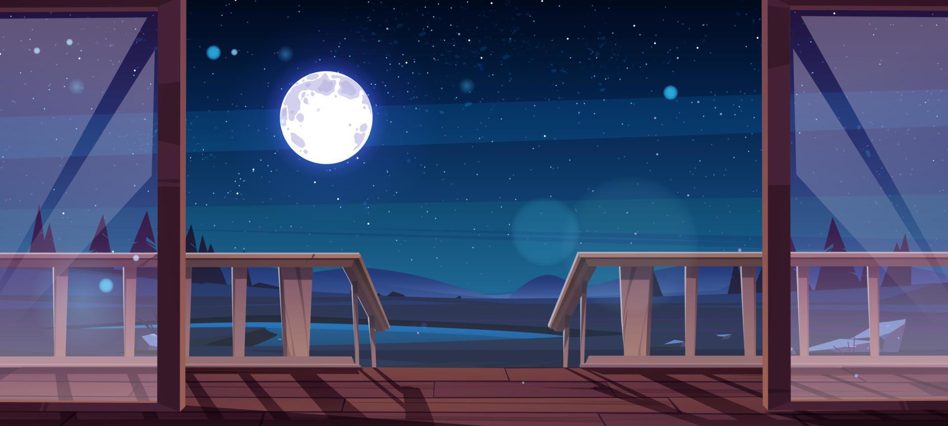 Wooden terrace and view to pond at night vector