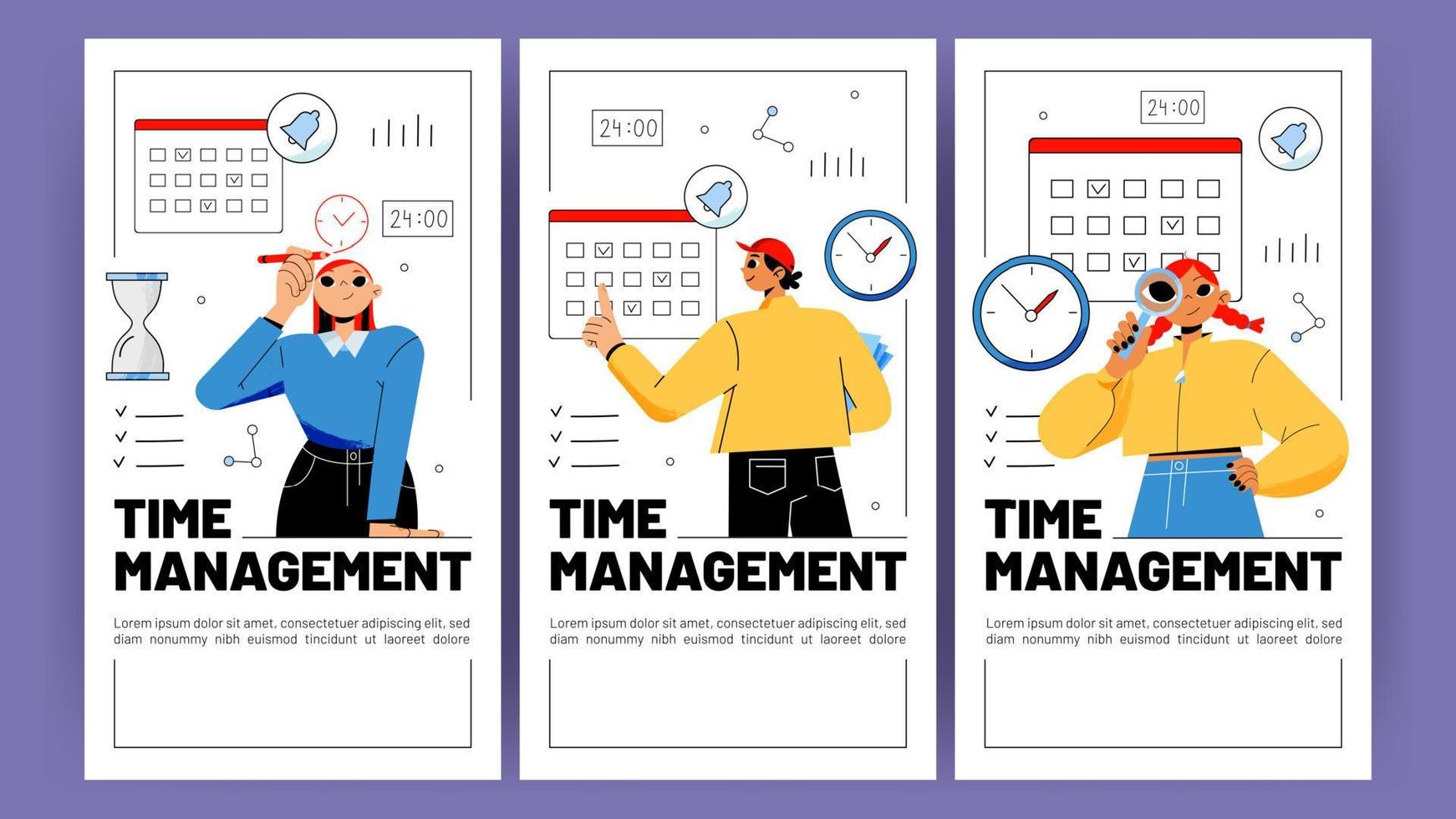 Time management posters with workers and calendar vector