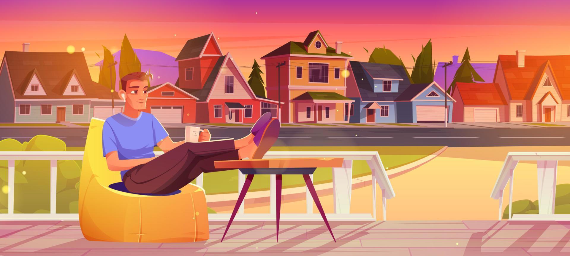 Man rest on wooden house porch in suburban street vector