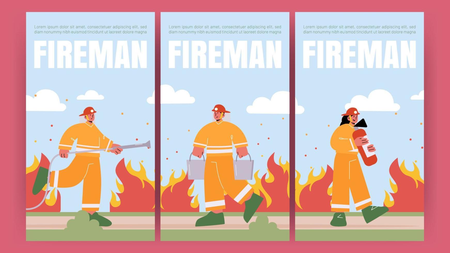 Fireman poster with fire brigade with water hose vector