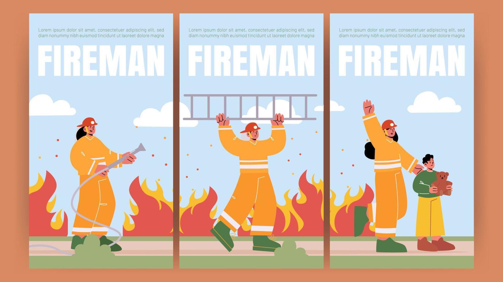 Fireman poster with fire brigade with water hose vector