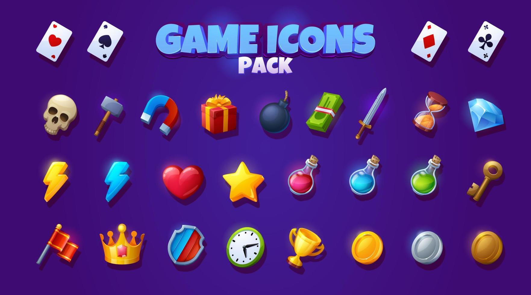 Game icons with signs of key, playing cards, money vector